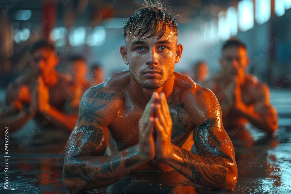 Intense young male athlete with tattoos in prayer pose during a workout, showcasing dedication