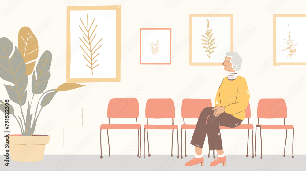 Oldwoman sitting in a waiting room. Hand drawn style