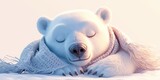 A cute cartoon polar bear sleeping in the snow wearing a scarf