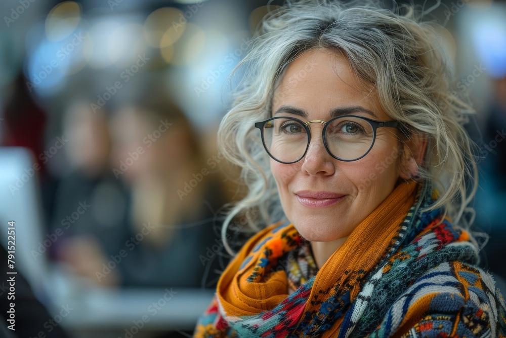 An elegant middle-aged woman with stylish glasses looking directly at the camera with a warm smile An elegant middle-aged woman with stylish glasses looking directly at the camera with a warm smile
