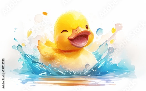 A cute yellow rubber duck is floating in a pool of water, splashing and playing happily.