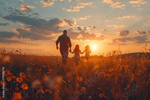 A serene image capturing a family holding hands walking through a meadow towards a setting sun, creating a heartwarming atmosphere photo