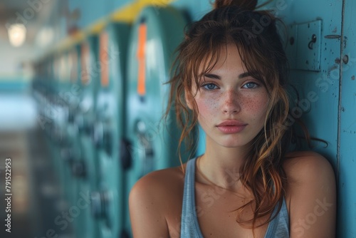 A young woman leans against bright turquoise school lockers, only her hair and body visible photo
