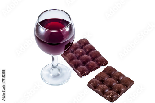 
A glass of red wine and a chocolate bar on a white background.