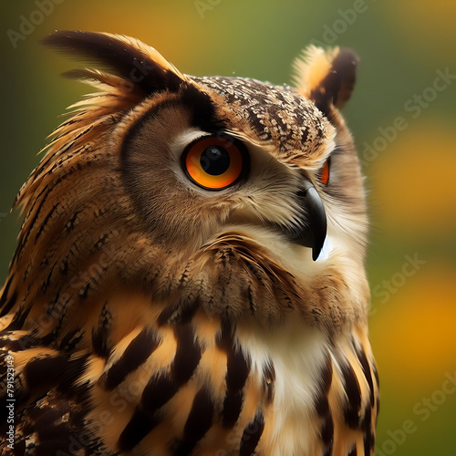 An Eurasian Eagle Owl staring at something out of shot in a woodland setting. Eurasian eagle owl. Giant scops owl. lndian eagle owl. Laughing owl. Great horned owl. Red owl. Bubo bubo. owl  photo