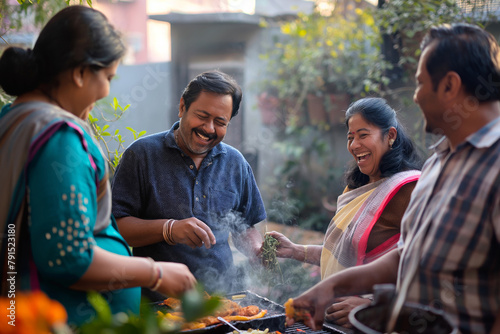 Indian neighbors enjoying backyard barbecue