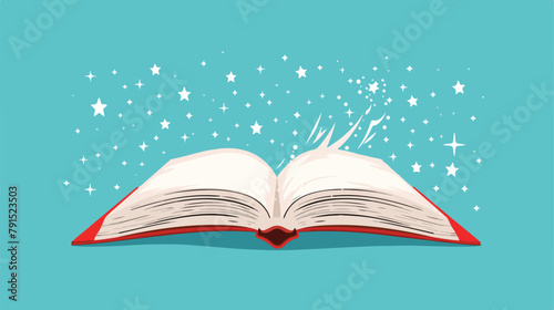 Open book with red book cover and white stars flying