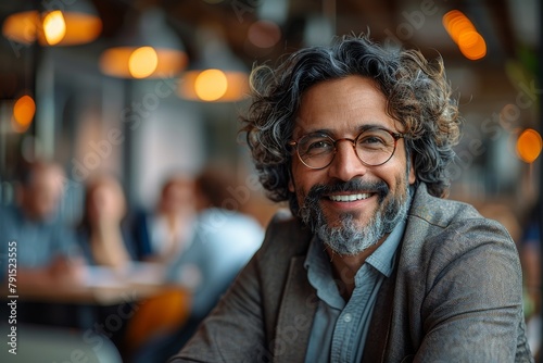 A stylish man with curly hair in a smart jacket sits pensively in a bustling urban cafe with a modern and chic vibe