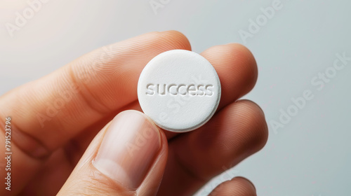 White round pill with text success in hands , white soft background, copy space. Business template. Generative AI © AngrySun