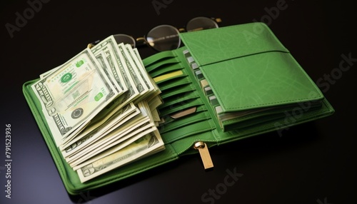 A wallet full of various denominations of crisp green bills, ready for a shopping trip, depicting money as an everyday essential for purchasing needs and wants