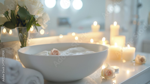 An elegant white bathroom with a modern vessel sink, adorned with roses and scented candles, creating a romantic Zen atmosphere.