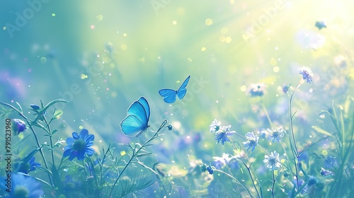 Beautiful summer nature scene with magic blue flowers and flying butterflies on green background. Wild meadow macro landscape. ,Generative ai, 