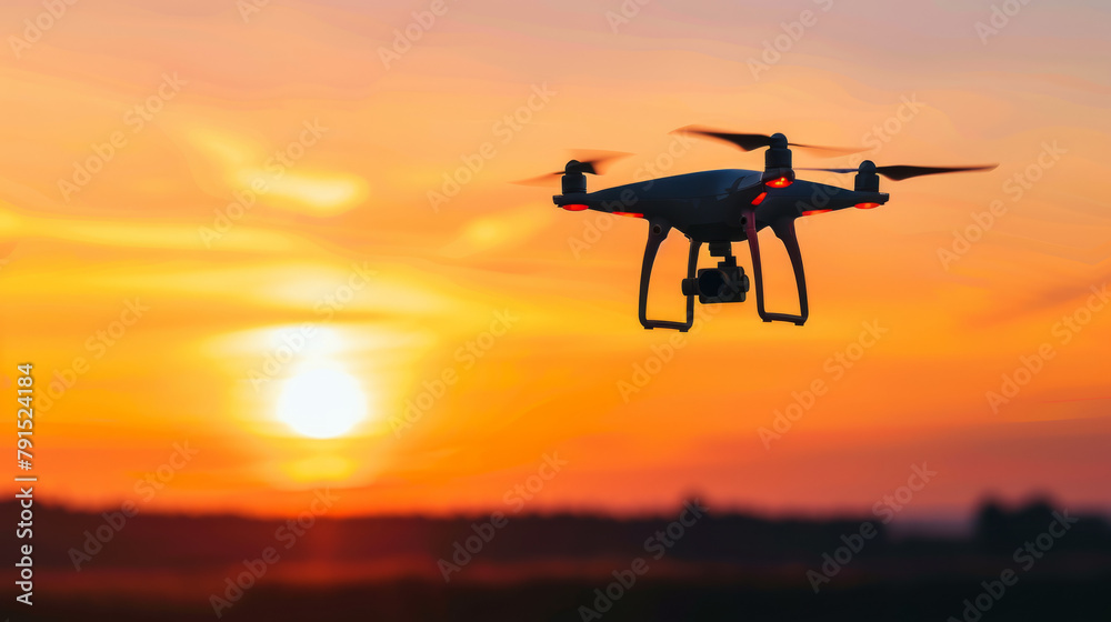 A simplistic black silhouette of a drone flying against a bright sunset, emphasizing autonomous technology A simplistic black silhouette of a drone flying against a bright sunset, emphasizing autonomous technology