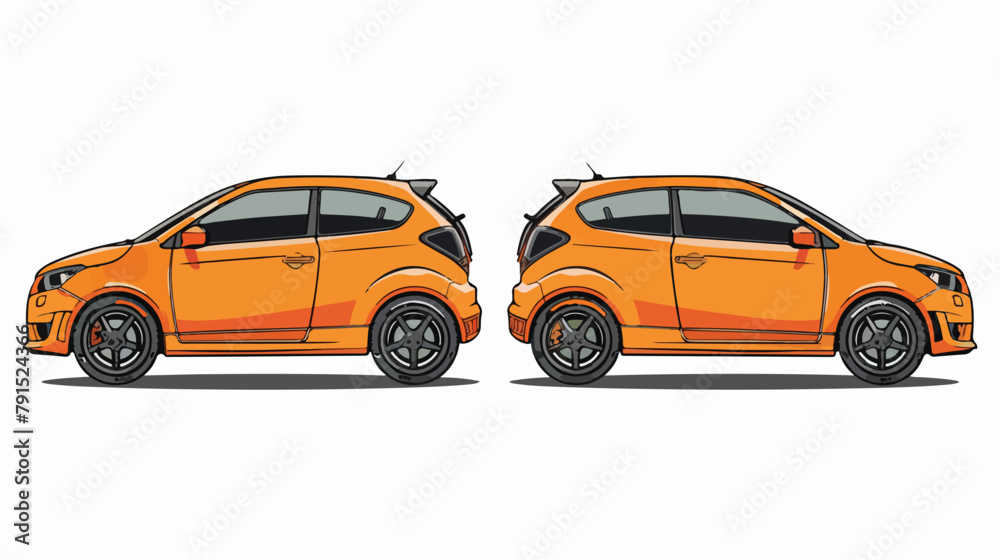 Orange hatchback car two angle set. Car with driver