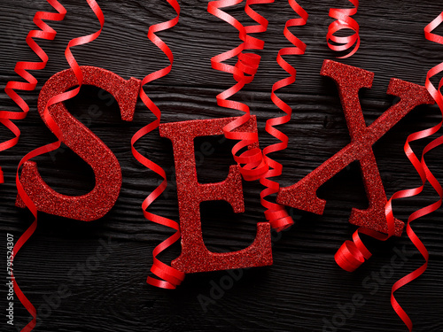sex 3d word with red ribbon isolated on white background