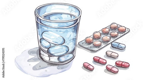 Bottle glass cup with water and pills. Capsules separ