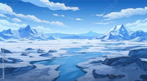 Vast icy tundra with snow-capped mountains under a clear blue sky