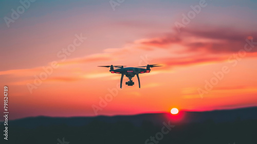 A simplistic black silhouette of a drone flying against a bright sunset, emphasizing autonomous technology