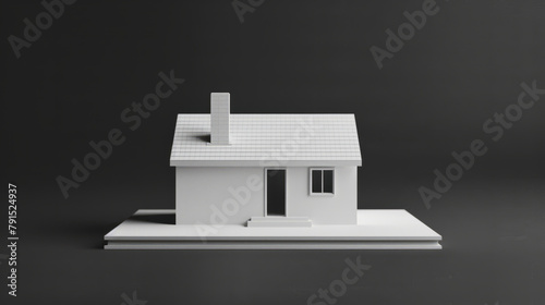 Minimalistic depiction of a 3D printed small white house on a solid black background