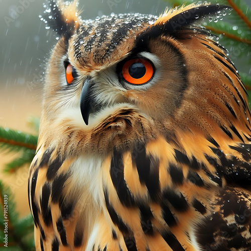 An Eurasian Eagle Owl staring at something out of shot in a woodland setting. Eurasian eagle owl. Giant scops owl. lndian eagle owl. Laughing owl. Great horned owl. Red owl. Bubo bubo. owl  photo