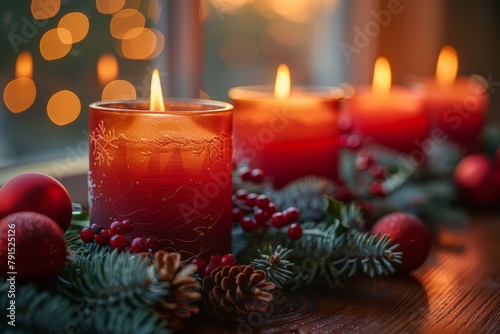 Warm glowing candles surrounded by festive holiday decorations, pinecones, and seasonal berries, creating a cozy Christmas atmosphere © Larisa AI