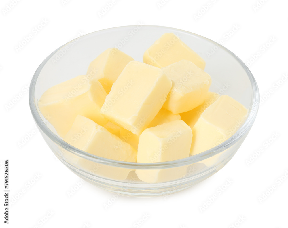 Tasty butter cubes in bowl isolated on white Tasty butter cubes in bowl isolated on white