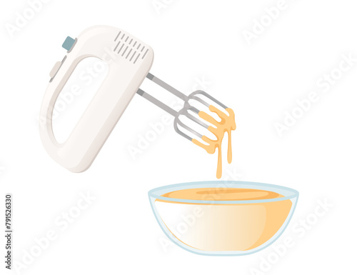 Electric mixer with dough bowl baking kitchenware vector illustration isolated on white background