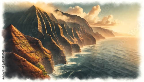 Watercolor painting of Kalaupapa Cliffs, United States photo