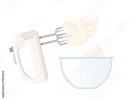Electric mixer with beating cream in glass bowl baking kitchenware vector illustration isolated on white background