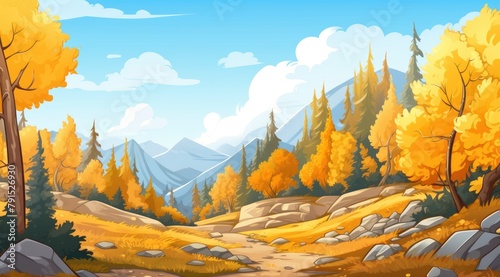 Autumnal slope with golden aspens against a mountainous backdrop photo