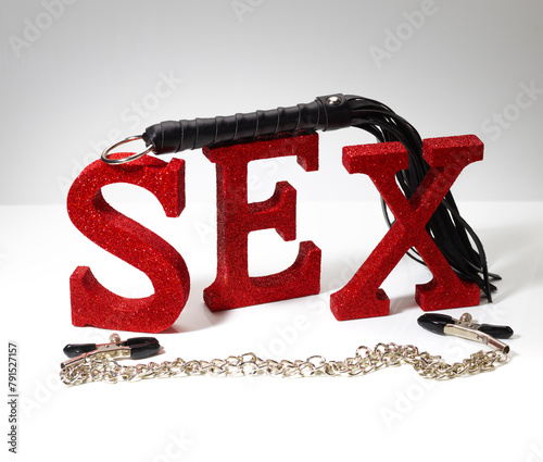 sex 3d word with black whip isolated on white background