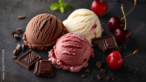 Assorted scoops of chocolate  strawberry  and vanilla ice cream with cherries.
