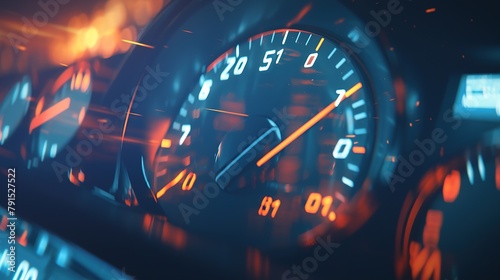 Close-up of car dashboard at night.Car acceleration to maximum speed. Speedometer and tachometer acceleration animation.