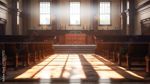 A quiet, empty courtroom after hours, the setting sun casting long shadows over empty seats and a deserted judge s bench, evoking the solemnity and weight of legal proceedings