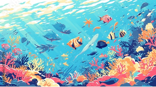 Coral reef sea life seamless banner. Undersea landscape with cute crab, starfish, golden fish, bannerfish, blue and yellow tang, zebrasoma, clownfish, seahorse and corals. photo