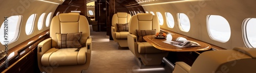 A luxurious interior of a private jet adorned with deep gold accents, reflecting the exclusive lifestyle and highend comforts afforded by substantial wealth photo
