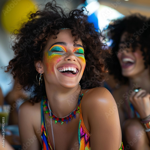 Beautiful black woman with curly hair smiling and wearing bright eyeshadow.