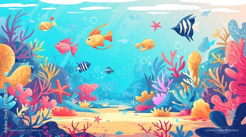 Coral reef sea life seamless banner. Undersea landscape with cute crab, starfish, golden fish, bannerfish, blue and yellow tang, zebrasoma, clownfish, seahorse and corals.