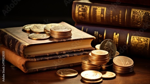 A luxurious display of ancient gold coins and rich brown leatherbound books about currency history, arranged on a mahogany desk to illustrate the inherent value of collecting antique money
