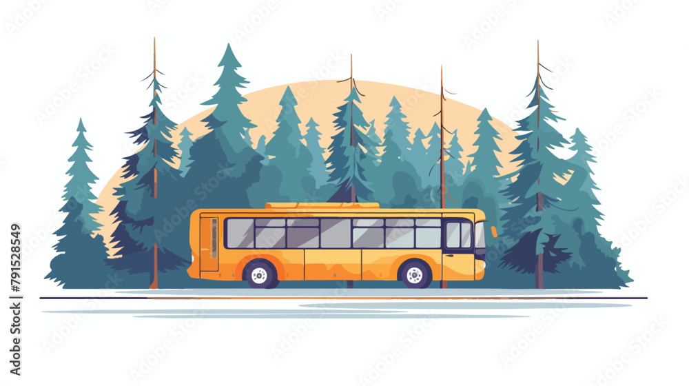 Passenger bus on motorway. Forest landscape. Vector f