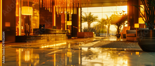 Luxurious Hotel Lobby with Elegant Marble Floors, Modern Design Welcoming Tourists and Business Travelers