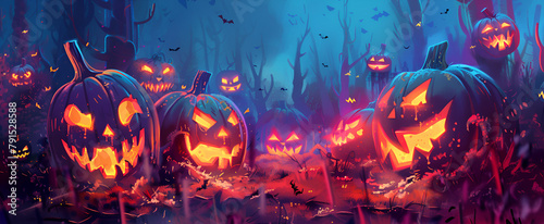 Halloween Pumpkins In A Spooky Forest At Night With Evil Eyes. 