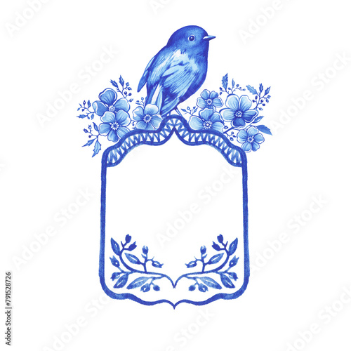 Blue frame with space for copying text, decorated with flowers and a bird. Hand drawn watercolor painting on white background