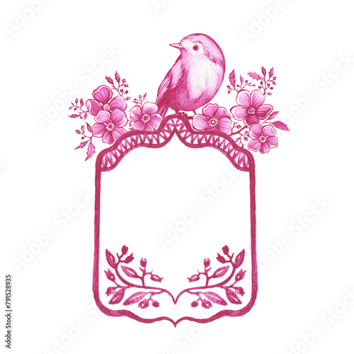 Pink frame with space for copying text, decorated with flowers and a bird. Hand drawn watercolor painting on white background