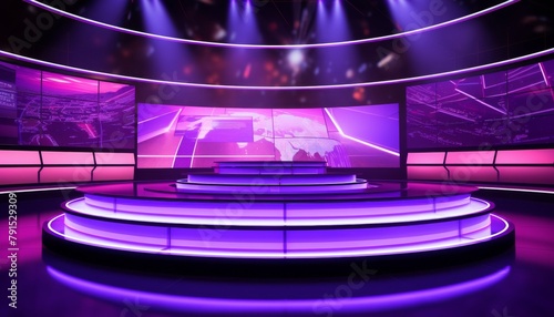 A financial news broadcast with a vibrant purple studio set, where anchors report the latest and most dramatic changes in the cryptocurrency sector, keeping viewers on the edge of their seats photo