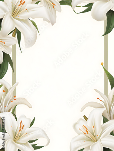 Frame with white lilies flowers and white copy spacebackground 