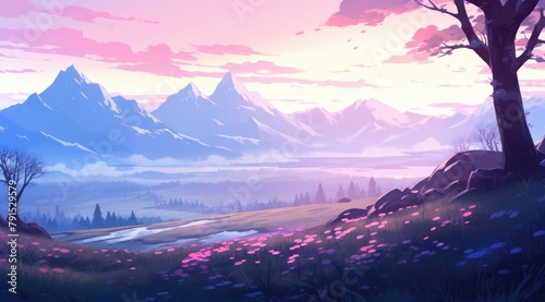 Serene meadow with frosty morning light and mountain backdrop