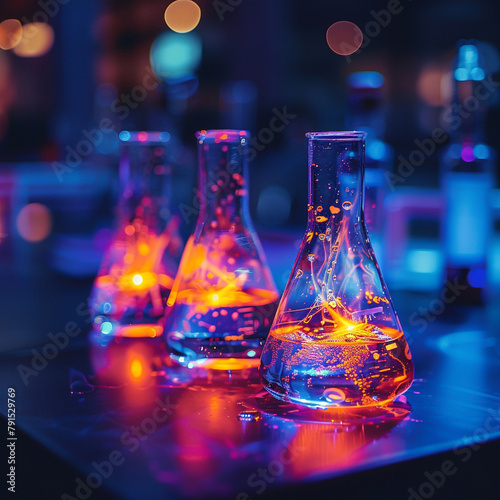 Image shows three glass beakers with colorful liquids on a table in a dimly lit room.