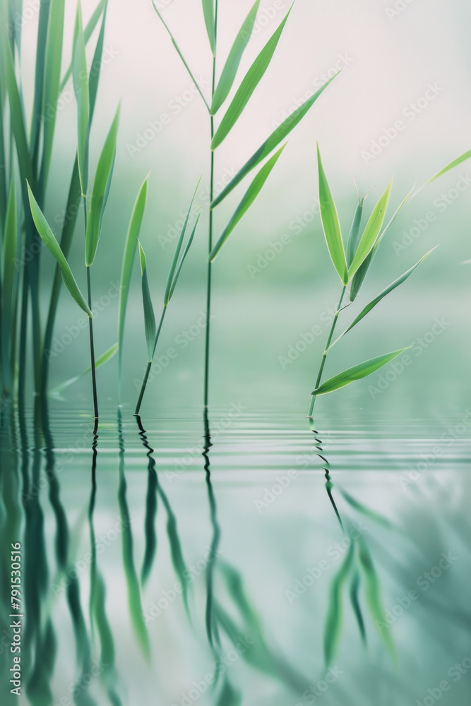 The gentle sway of reeds growing by the edge of a tranquil pond, their reflections shimmering in the still water. - obrazy, fototapety, plakaty 