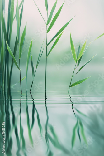 The gentle sway of reeds growing by the edge of a tranquil pond, their reflections shimmering in the still water.